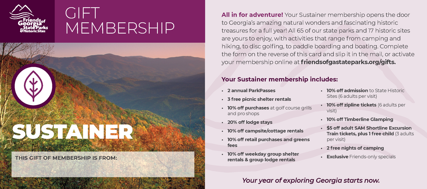 Gift membership card with a scenic background and text details.
