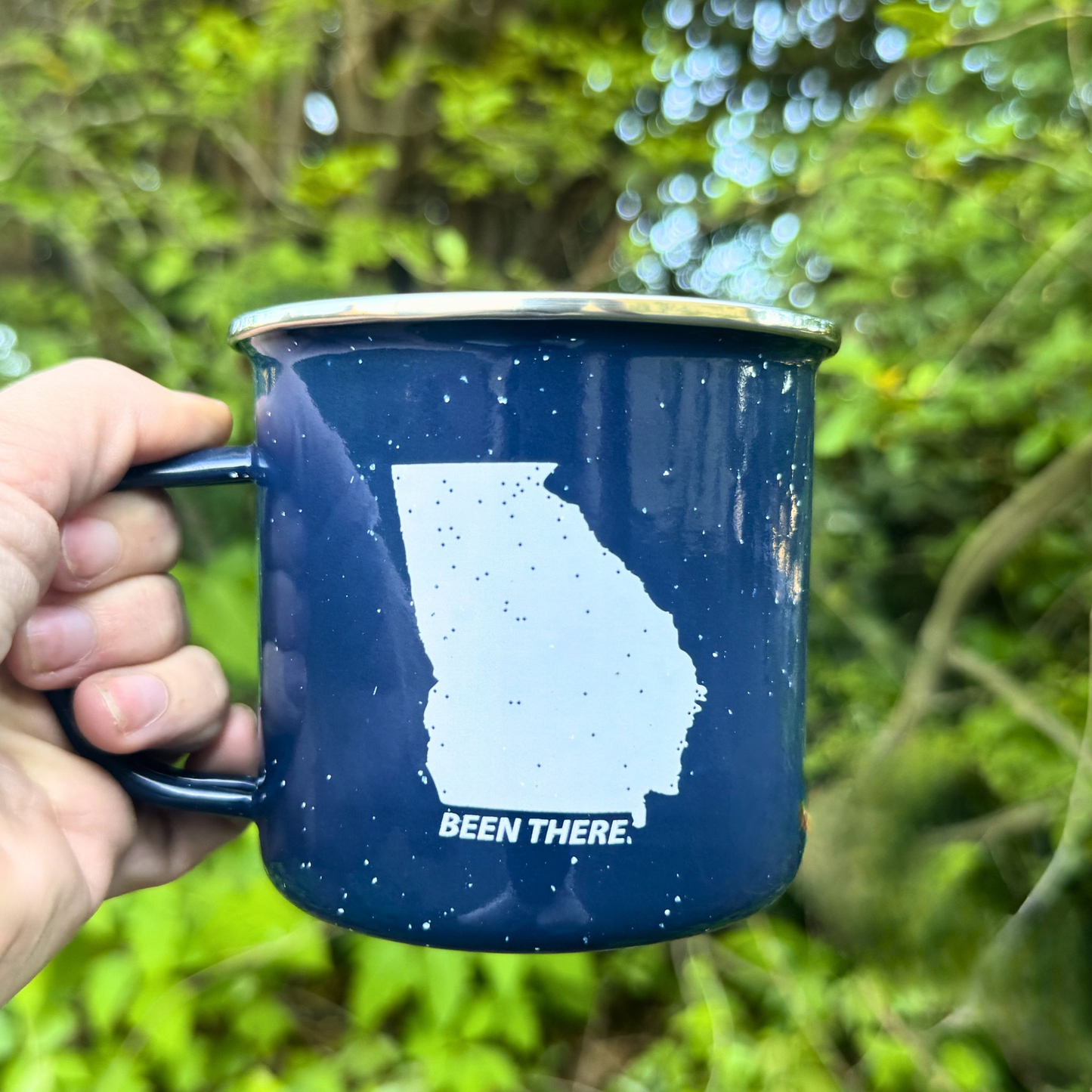 Blue mug with a white state outline with dots for park locations and 'Been There' text, held in front of green foliage.