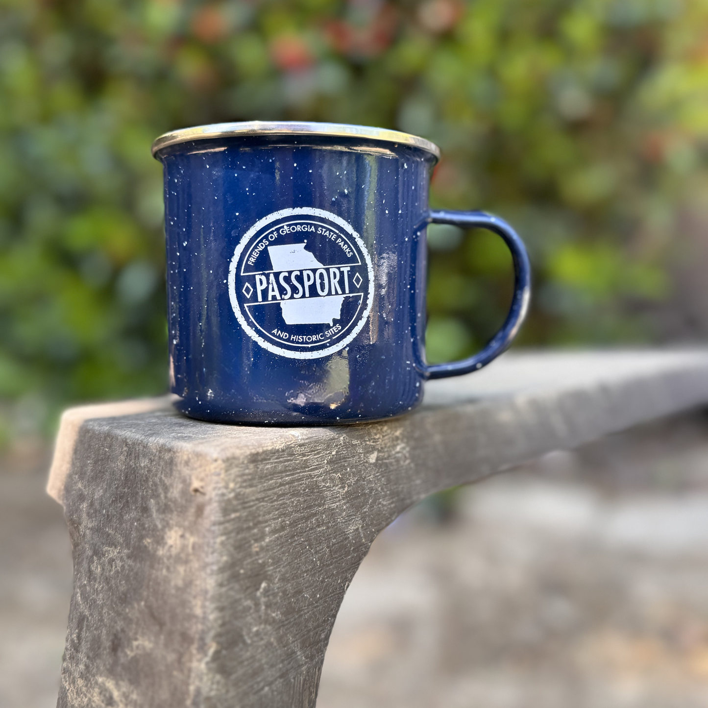 Blue enamel mug with the official passport logo on a wooden surface with a blurred green background