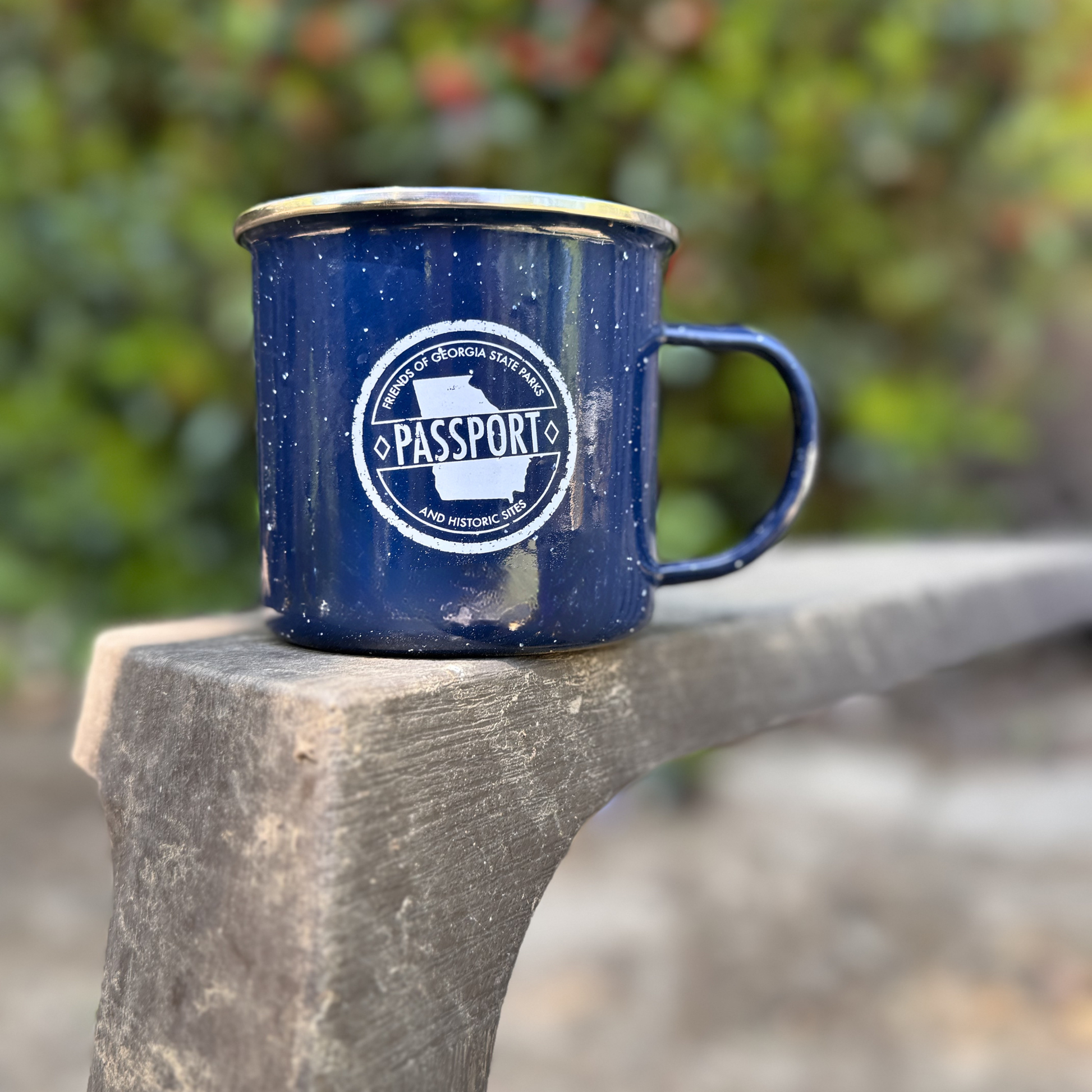 Blue enamel mug with the official passport logo on a wooden surface with a blurred green background